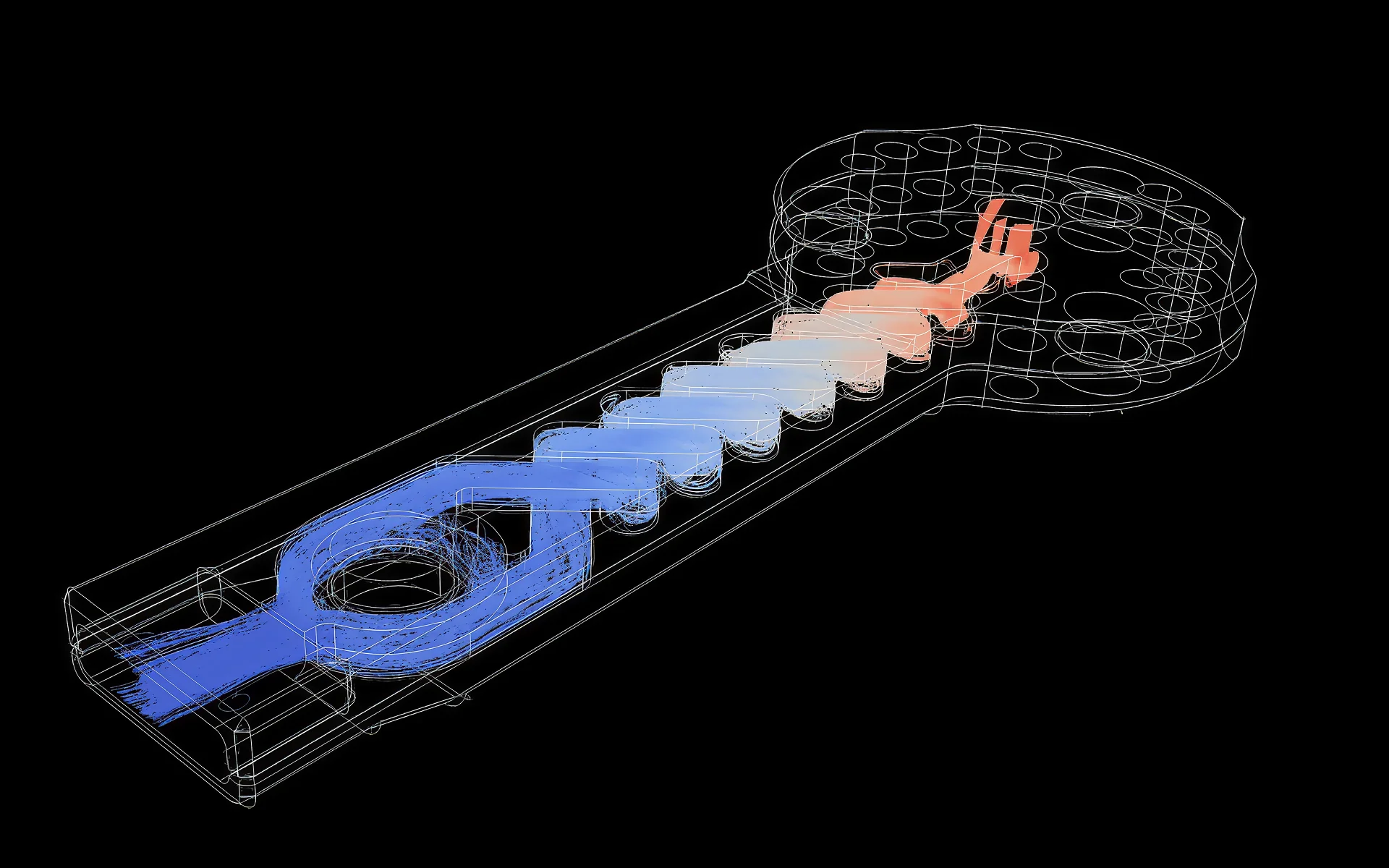 Wireframe cross-section showing internal airflow path with cooling baffles