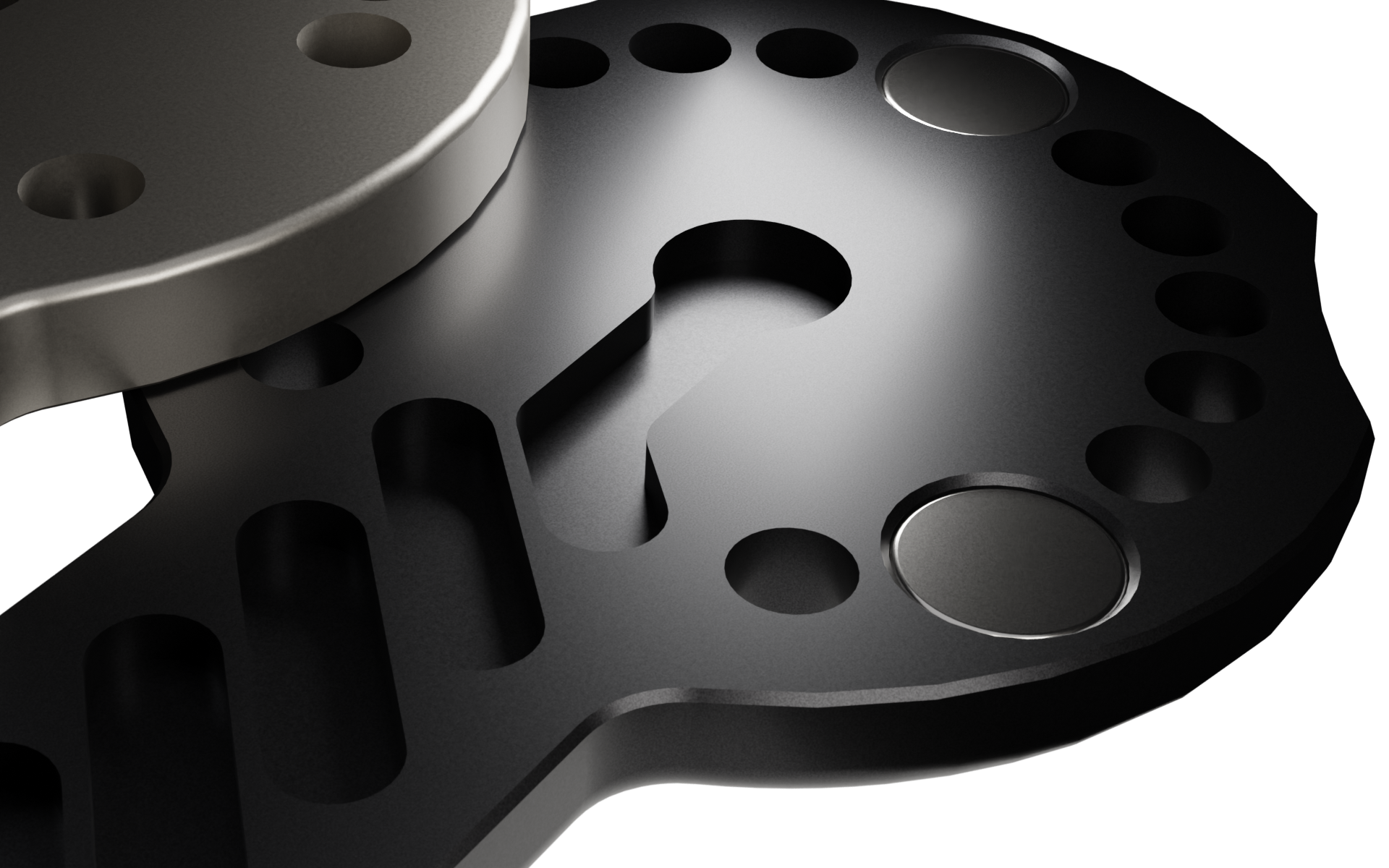 Macro detail showing neodymium magnets embedded flush in anodized aluminum — invisible from the top surface